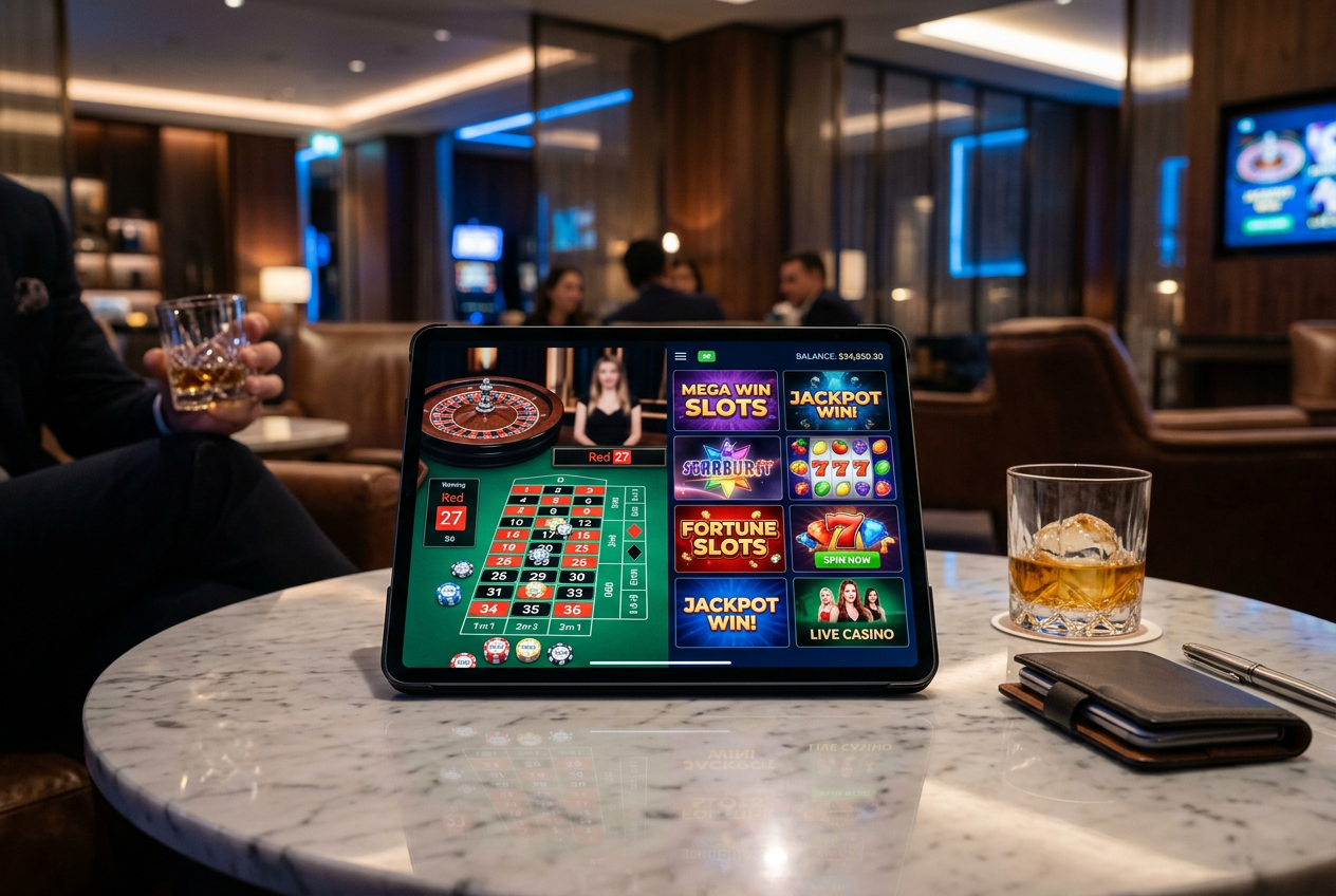 A high-end digital casino interface displayed on a tablet with luxurious background elements