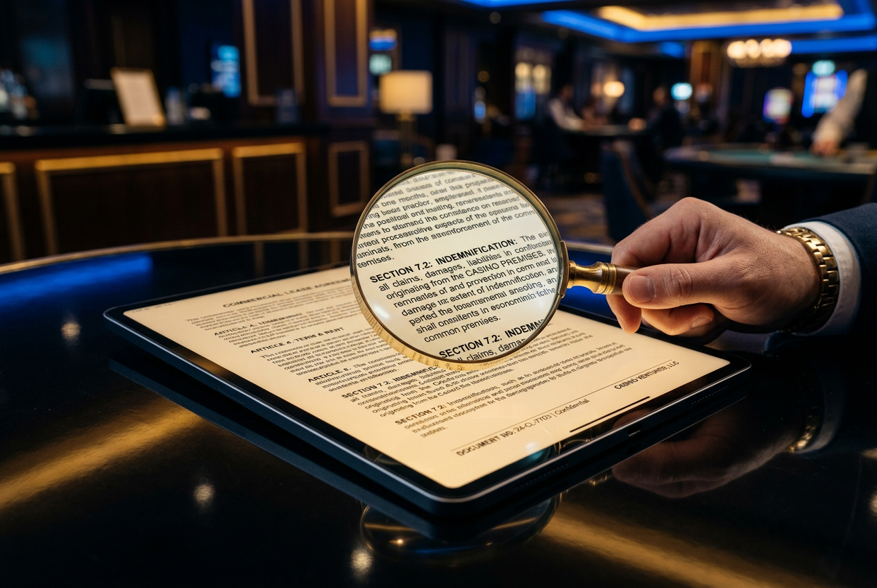 Magnifying glass over a tablet screen showing legal text.