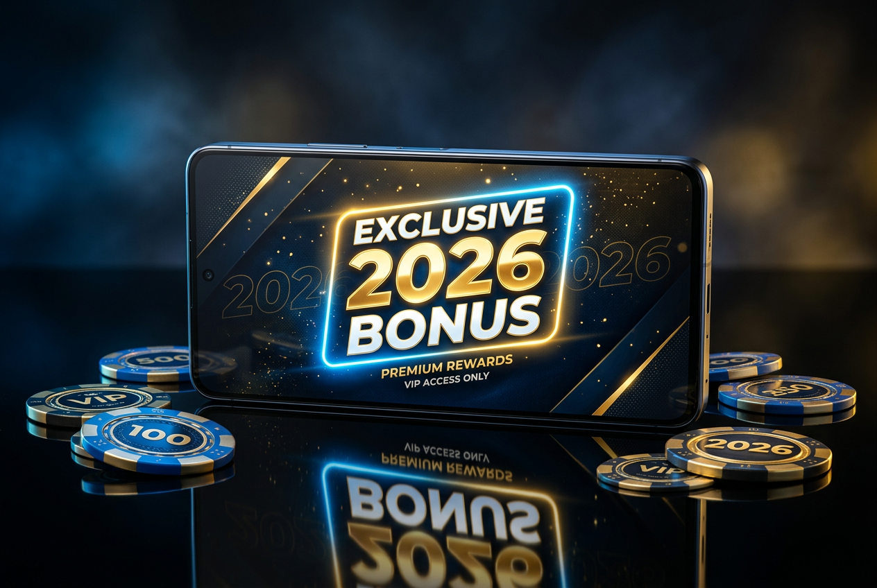 Smartphone showing a casino bonus offer with glowing gold coins.